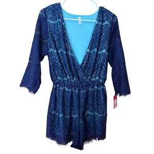 Xhilaration Womens Medium Lace Romper In Moonlight Blue With 3/4 Sleeves